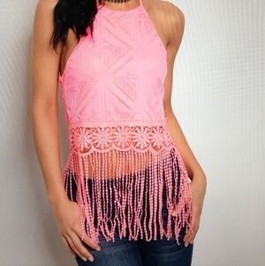 New 60s 70s Retro Halter Crop Top Fancy Chic Fringe Pink Small By Janice Crochet